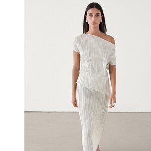 Massimo Dutti Womens Midi Dress Large Pearl gray Pleated Asymmetric 6605/300 NWT